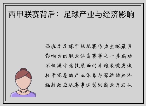 西甲联赛背后：足球产业与经济影响